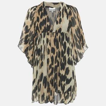 Pre Owned Ganni Brown Leopard Print Plissé Crepe de Chine Mini Dress XXS/XS