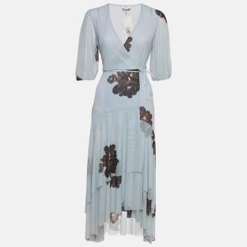 Pre Owned Ganni Light Blue Floral Print Mesh Wrap Around Midi Dress S