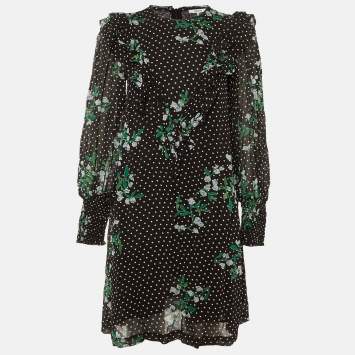Pre Owned Ganni Black Polka Dot Floral Printed Chiffon Mini Dress S