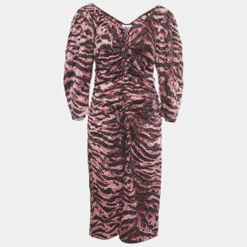 Pre Owned Ganni Pink /Black Zebra Print Crepe Ruched Midi Dress L