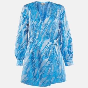 Pre Owned Ganni Blue /Silver Jacquard Wrap Mini Dress M 