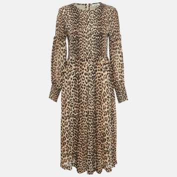 Pre Owned Ganni Brown/Black Animal Print Crepe Midi Dress L
