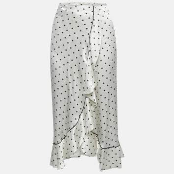Pre Owned Ganni White Polka Dots Print Satin Ruffled Midi M