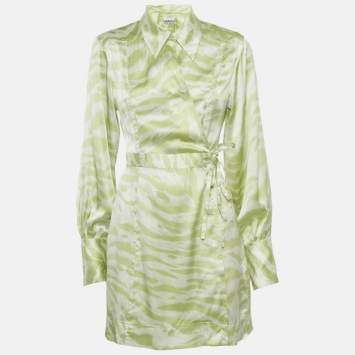 Pre Owned Ganni Green Zebra print Silk Puff Sleeve Dress XS