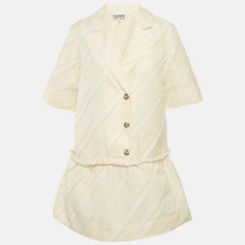Pre Owned Ganni Cream Diagonal Stripe Crepe Frayed Mini Dress S