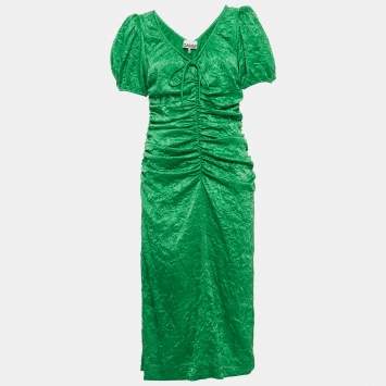 Pre Owned Ganni Green Crinkled Satin Ruche Detail Midi Dress M