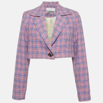 Pre Owned Ganni Pink/Blue Tweed Check Cropped Blazer S