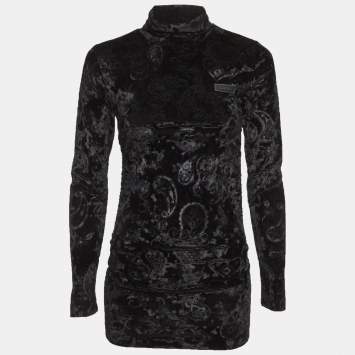 Pre Owned Ganni Black Velour Ruched High Neck Top XS