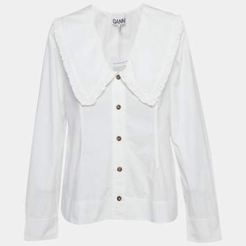 مملوكة مسبقًا Ganni White Cotton Wide Ruffled Trim Collar Shirt S