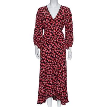 Pre Owned Ganni Black Floral Printed Crepe Balloon Sleeve Detail Wrap Dress M
