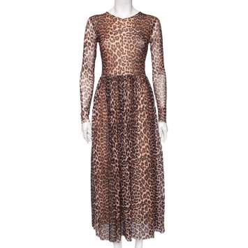 Pre Owned Ganni Brown Animal Leopard Print Mesh Maxi Dress M