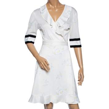 Pre Owned Ganni Cream Floral Printed Pique Dubois Wrap Dress L