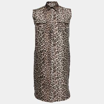 Pre Owned Ganni Beige & Black Leopard Jacquard Sleeveless Shirt Dress S 