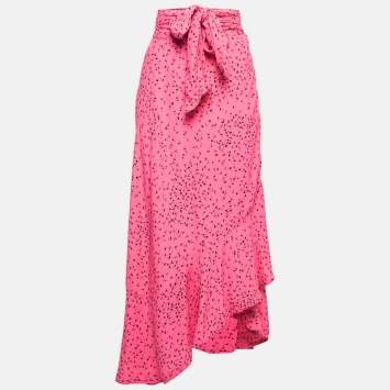 Pre Owned Ganni Pink Printed Crepe Midi Wrap Skirt XS