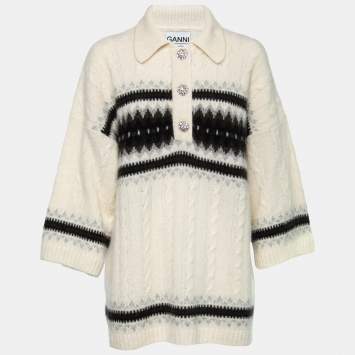 Pre Owned Ganni Off-White Alpaca Cable-Knit Polo Sweater Top L