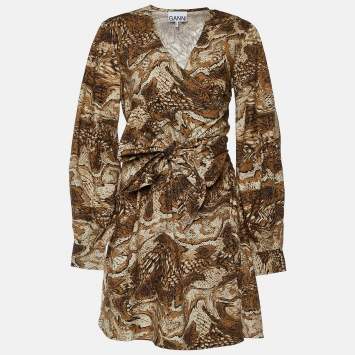 Pre Owned Ganni Brown Abstract Print Poplin Wrap Dress S