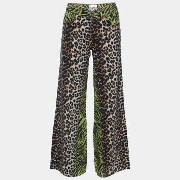Pre Owned Ganni Multicolor Animal Printed Denim Wide Leg Jeans S Waist 29"