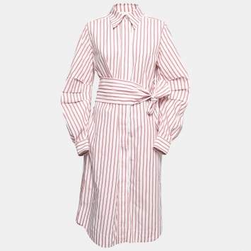 Pre Owned Ganni Red Striped Cotton Poplin Belted Shirt Dress S