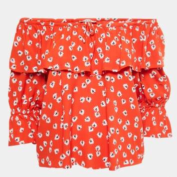 Pre Owned Ganni Orange Floral Printed Crepe Ruffled Top S
