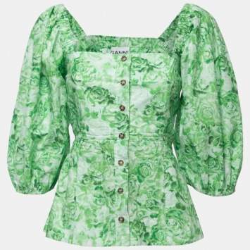 Pre Owned Ganni Green Floral Printed Cotton Blouse S
