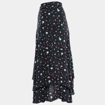 Pre Owned Ganni Black Print Silk Nolana Wrap On Midi Skirt L