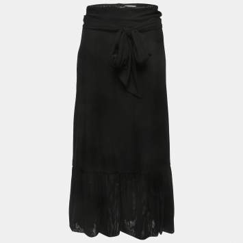 Pre Owned Ganni Black Stretch Knit Addison Wrap Midi Skirt M