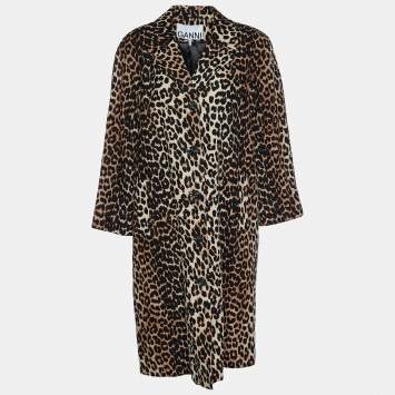 Pre Owned Ganni Brown Leopard Printed Linen & Cotton Coat M