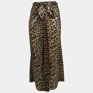 Pre Owned Ganni Black/Beige Leopard Print Silk Knot Detail Skirt S