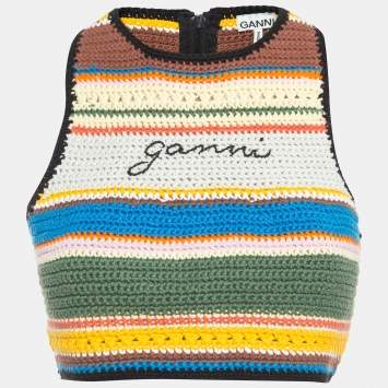 Pre Owned Ganni Multicolor Crochet Knit Crop Top S