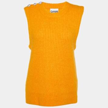 Pre Owned Ganni Orange Wool Blend Crystals Button Detail Sweater Vest M