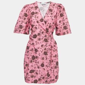 Pre Owned Ganni Pink Floral Print Cotton Belted Wrap Mini Dress M