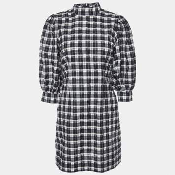 Pre Owned Ganni Black Checked Seersucker  Balloon Sleeve Mini Dress S