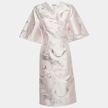 Pre Owned Ganni Pink/Metallic Silver Brocade Midi Wrap Dress M