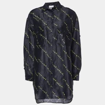 Pre Owned Ganni Black Floral Print Linen & Silk Button Front Shirt S