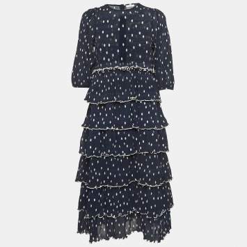 Pre Owned Ganni Navy Blue Polka Dot Pleated Crepe Tiered Midi Dress M