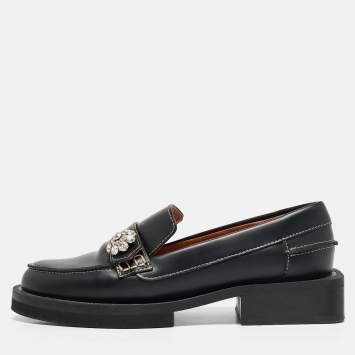 Pre Owned Ganni Black Leather Crystal Embellished Slip On Loafers Size 35