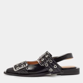 Pre Owned Ganni Black Leather Buckle  Slingback Flats Size 37