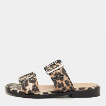 Pre Owned حذاء غاني جلد بني بنقشة الفهد بإبزيم نسائي مقاس 38