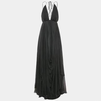 Pre Owned Gauri & Nanika Black Chiffon Draped Maxi Dress M
