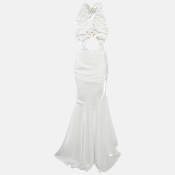 Pre Owned Genny White Satin Ruched Orchid Detail Long Dress S