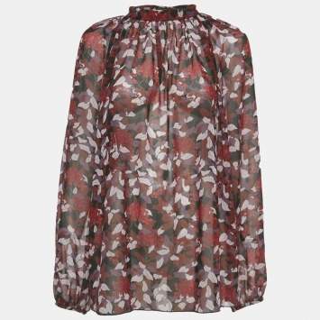 Pre Owned Giamba Burgundy Floral Print Silk Blouse L
