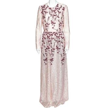 Pre Owned Giambattista Valli Pink Embroidered Tulle  Floral  Applique Detail Gown L