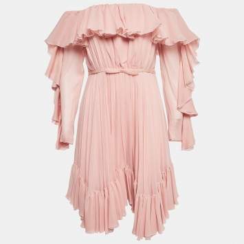 Pre Owned Giambattista Valli Pink Silk Off-Shoulder Ruffled Mini Dress M