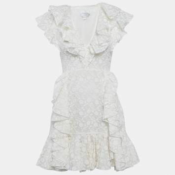 Pre Owned Giambattista Valli White Embroidered Silk Ruffled Mini Dress S