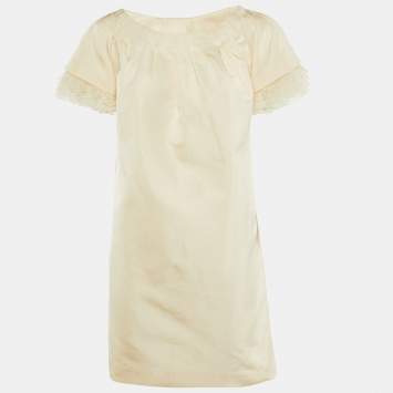 Pre Owned فستان قصير جيامباتيستا فالي حرير كريمي بتفاصيل كشكش مقاس متوسط - ميديم