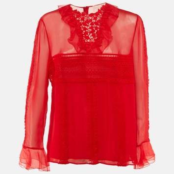 Pre Owned بلوزة جيامباتيستا فالي حمراء حرير بتفاصيل دانتيل شفاف مقاس كبير جداً (إكسترا لارج)