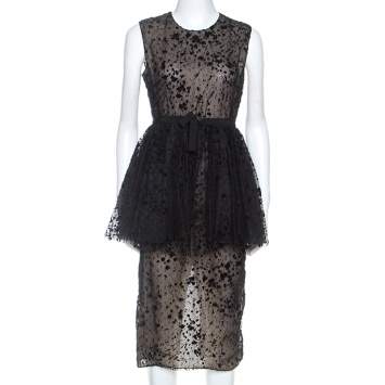 Pre Owned Giambattista Valli Black Tulle Flocked Peplum Midi Dress S