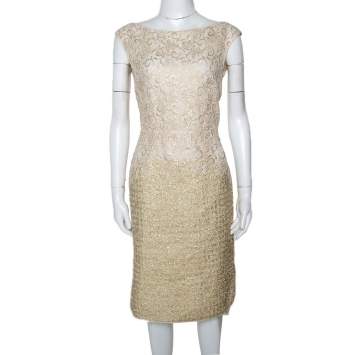 Pre Owned Giambattista Valli Gold & Cream Floral Lace Paneled Sheath Dress S