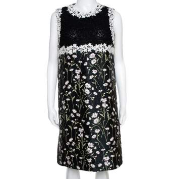 Pre Owned Giambattista Valli Black Floral Jacquard & Lace Mini Dress L