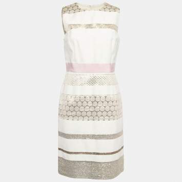Pre Owned Giambattista Valli Off White Lurex Brocade Striped Cotton Sleeveless Dress M